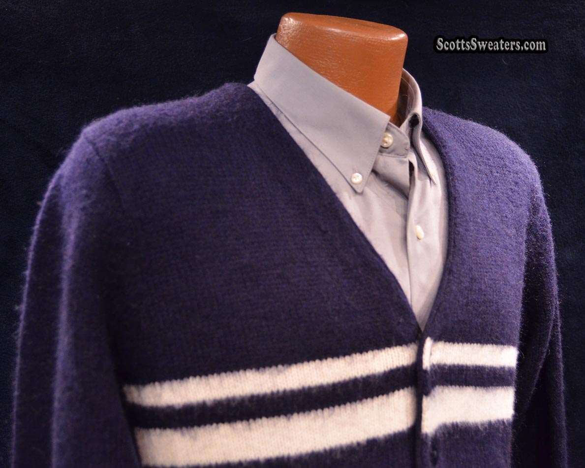 Navy blue men's cardigan mohair sweater with white horizontal stripes by Gant Rugger