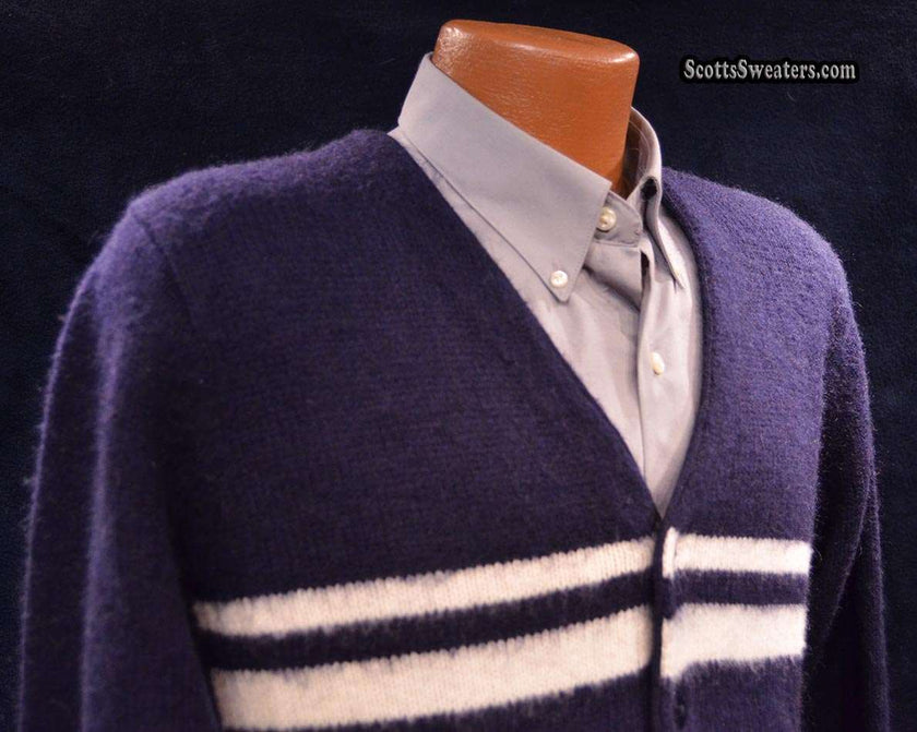 Navy blue men's cardigan mohair sweater with white horizontal stripes by Gant Rugger