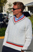 Retro classic men's cable-knit V-neck tennis sweater with red and grey striped trim by Campusport