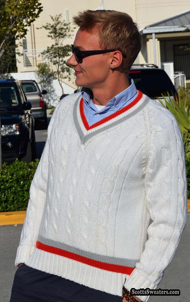 Retro classic men's cable-knit V-neck tennis sweater with red and grey striped trim by Campusport