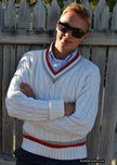 Retro classic men's V-neck cable-knit tennis sweater with red and grey striped trim by Campusport