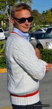 Retro classic men's V-neck cable-knit tennis sweater with red and grey striped trim by Campusport