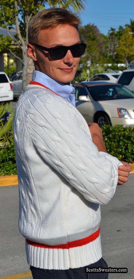 Retro classic men's V-neck cable-knit tennis sweater with red and grey striped trim by Campusport