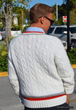 Retro classic men's V-neck cable-knit tennis sweater with red and grey striped trim by Campusport
