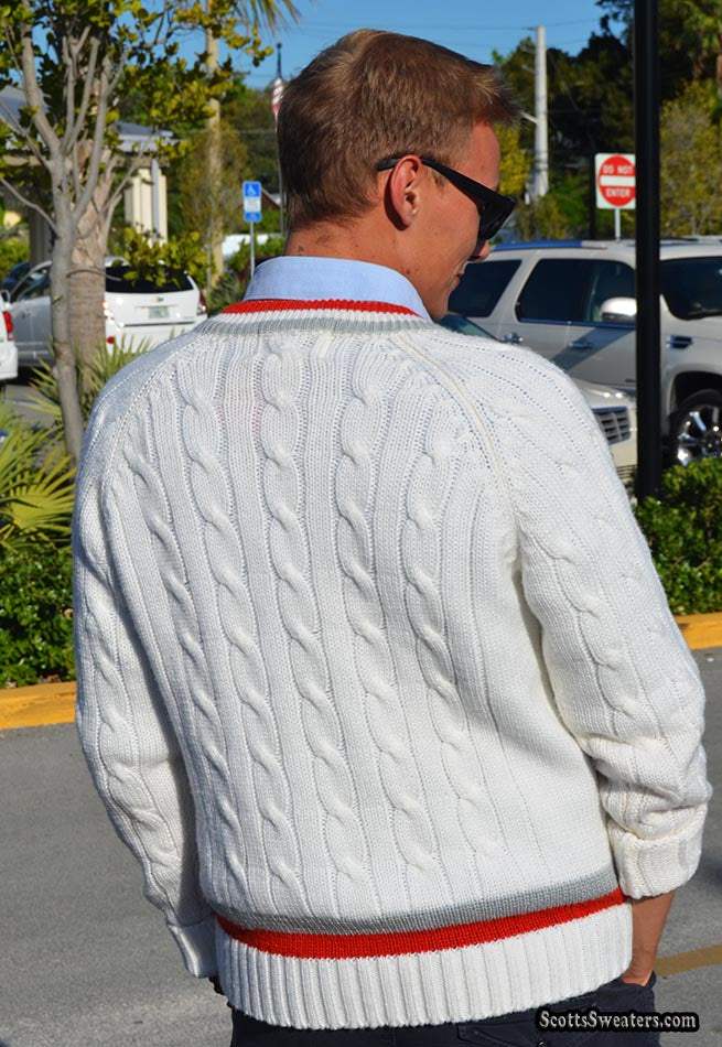 Retro classic men's V-neck cable-knit tennis sweater with red and grey striped trim by Campusport