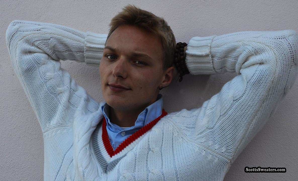 Retro classic men's V-neck cable-knit tennis sweater with red and grey striped trim by Campusport