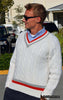 Retro classic men's cable-knit V-neck tennis sweater with red and grey striped trim by Campusport