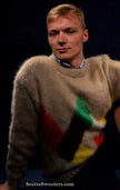 Tan fuzzy retro crewneck mohair sweater with multicolor diamond pattern, small-medium size