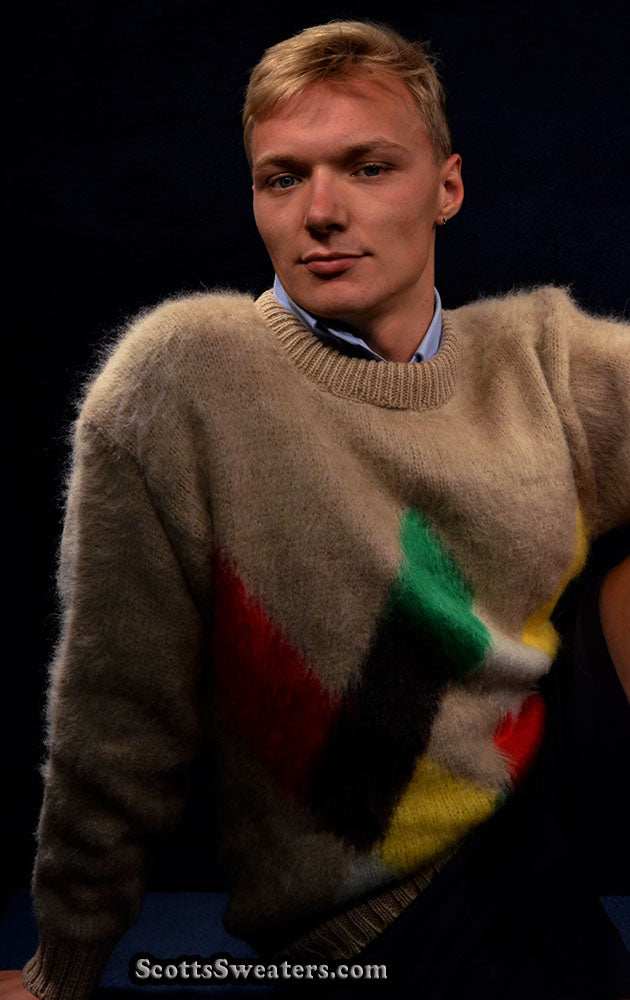 Tan fuzzy retro crewneck mohair sweater with multicolor diamond pattern, small-medium size