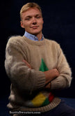 Tan fuzzy retro crewneck mohair sweater with multicolor diamond pattern, size small-medium