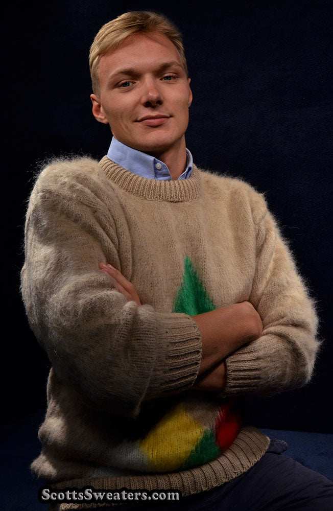 Tan fuzzy retro crewneck mohair sweater with multicolor diamond pattern, size small-medium