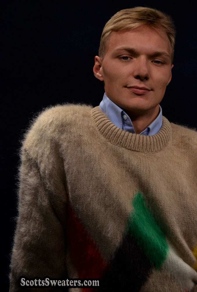 Tan fuzzy retro crewneck mohair sweater with multicolor diamond pattern, size Small-Medium