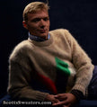 Tan fuzzy retro crewneck mohair sweater with multicolor diamond pattern