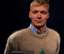Tan fuzzy retro crewneck mohair sweater with multicolor diamond pattern, size Small-Medium