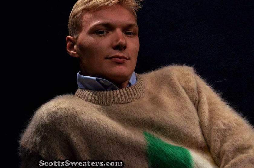 Tan fuzzy retro crewneck mohair sweater with multicolor diamond pattern on chest