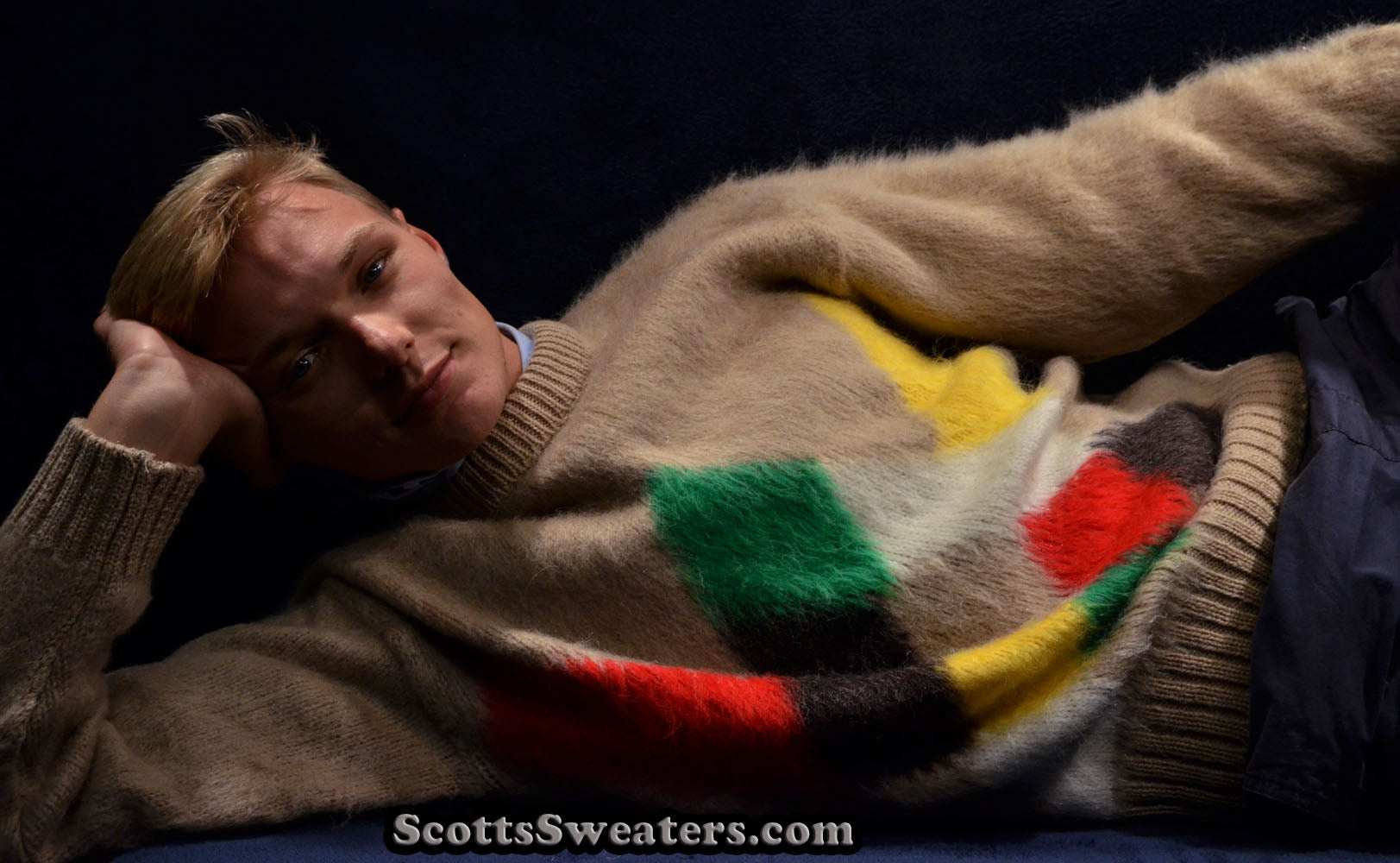 Tan fuzzy retro crewneck mohair sweater with multicolor diamond pattern on chest