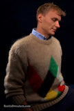 Tan fuzzy retro crewneck mohair sweater with multicolor diamond pattern, size Small-Medium