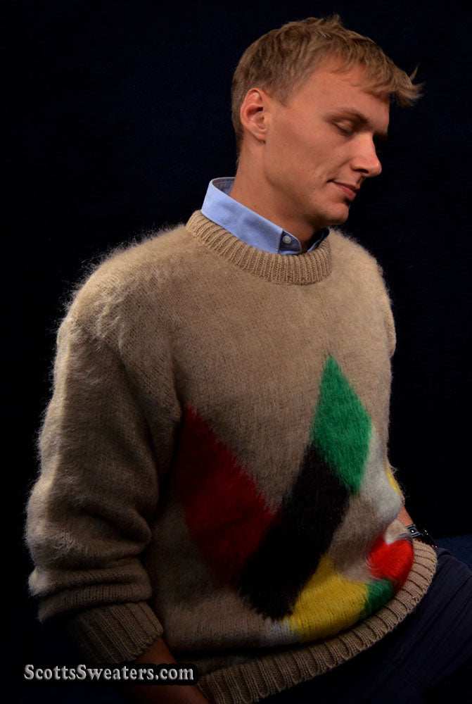 Tan fuzzy retro crewneck mohair sweater with multicolor diamond pattern, size Small-Medium