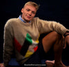 Tan fuzzy retro crewneck mohair sweater with multicolor diamond pattern, size small-medium