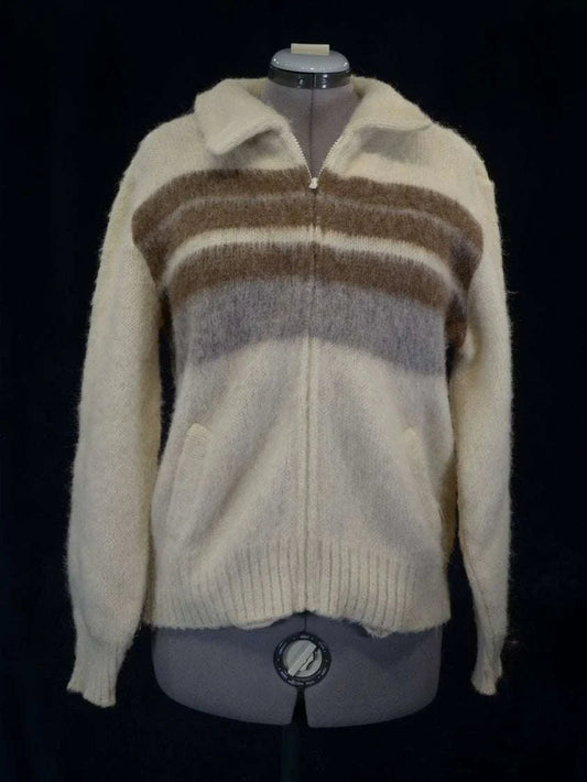 Men's retro ivory Icelandic wool jacket with grey and brown chest stripes and front pockets by Sears