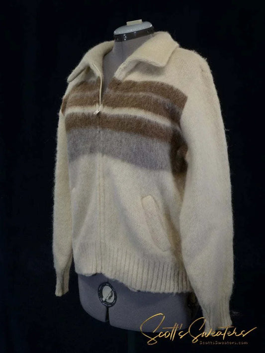 Men's retro ivory Icelandic wool jacket with grey and brown stripes and front pockets by Sears