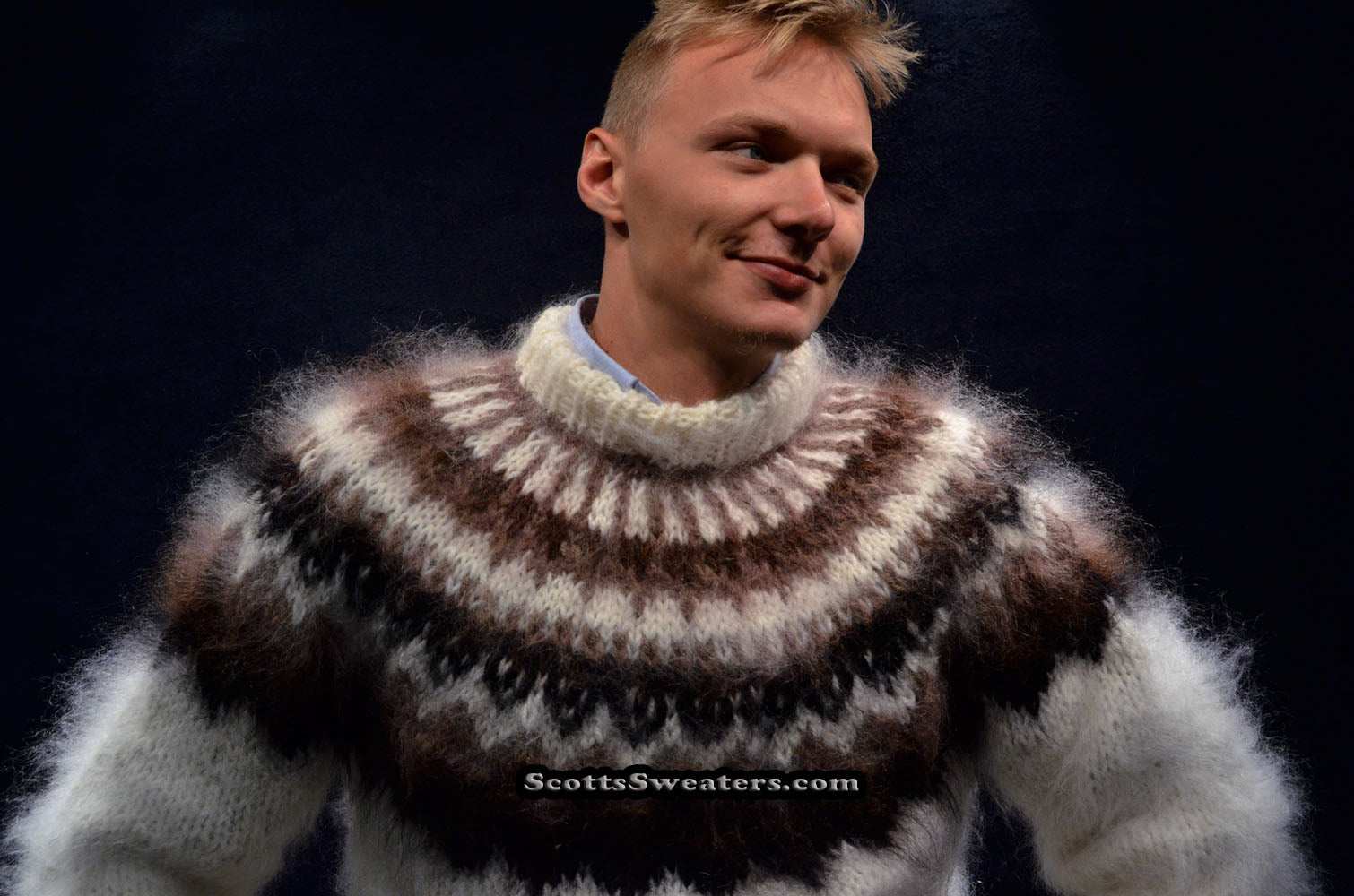 White men's handknit turtleneck mohair sweater with black, brown, and tan yoke design by Scott's Sweaters