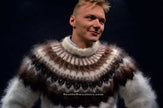White men's handknit turtleneck mohair sweater with black, brown, and tan yoke design by Scott's Sweaters