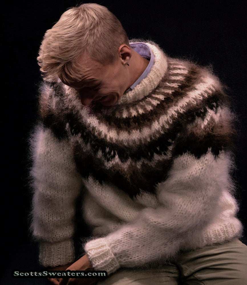 White men's handknit turtleneck mohair sweater with black, brown, and tan yoke design by Scott's Sweaters