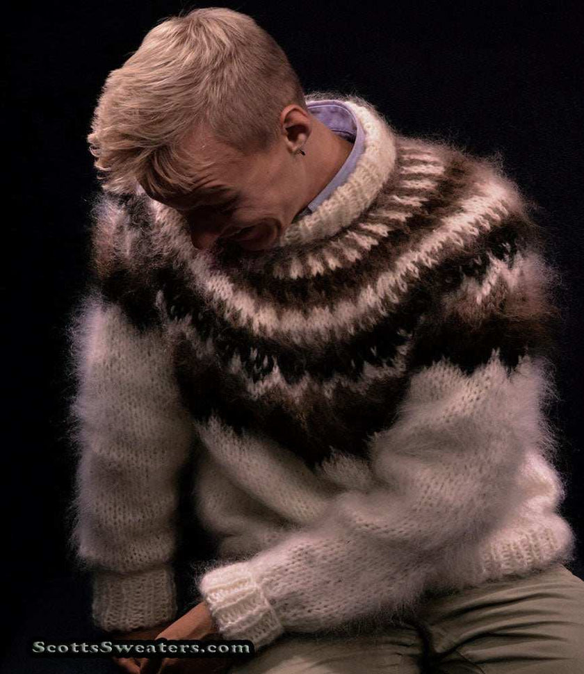 White men's handknit turtleneck mohair sweater with black, brown, and tan yoke design by Scott's Sweaters