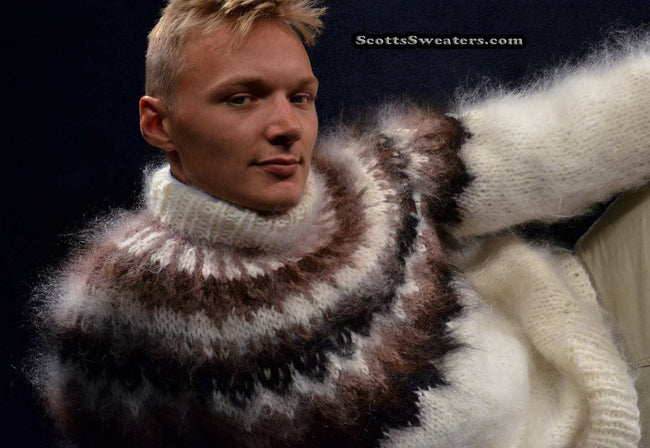 White men's handknit turtleneck mohair sweater with black, brown, and tan yoke design