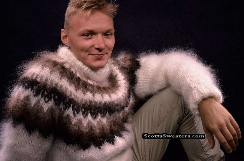 Men's handknit white mohair turtleneck sweater with black brown tan yoke design