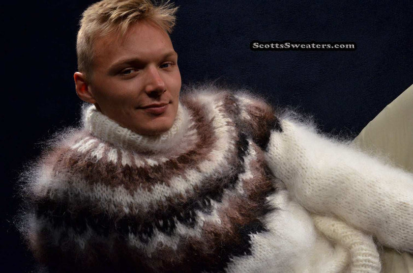 White men's handknit turtleneck mohair sweater with black, brown, and tan yoke design by Scott's Sweaters