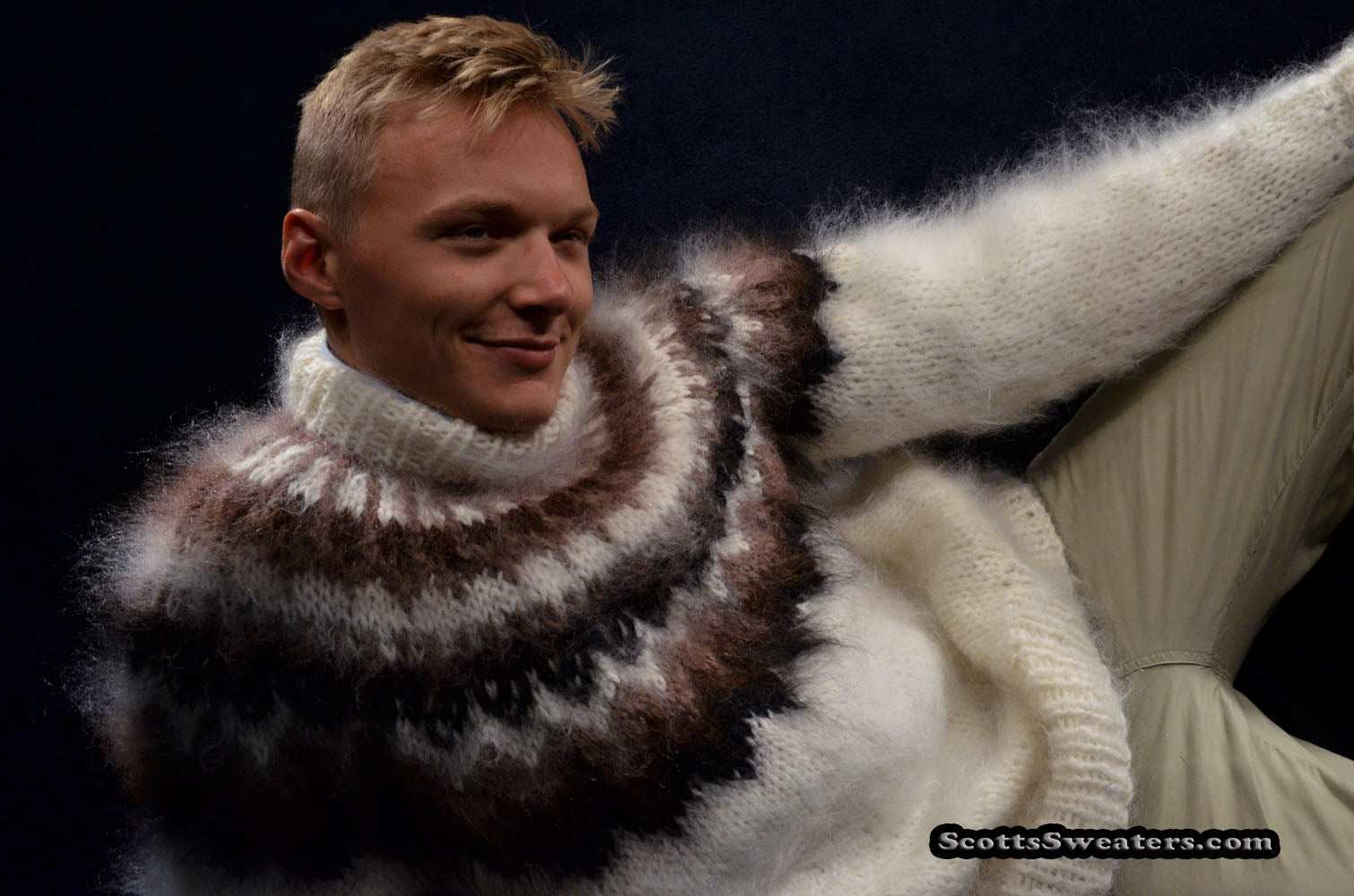 Men's handknit white mohair turtleneck sweater with black, brown, and tan yoke design by Scott's Sweaters