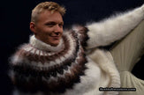 Men's handknit white mohair turtleneck sweater with black, brown, and tan yoke design by Scott's Sweaters