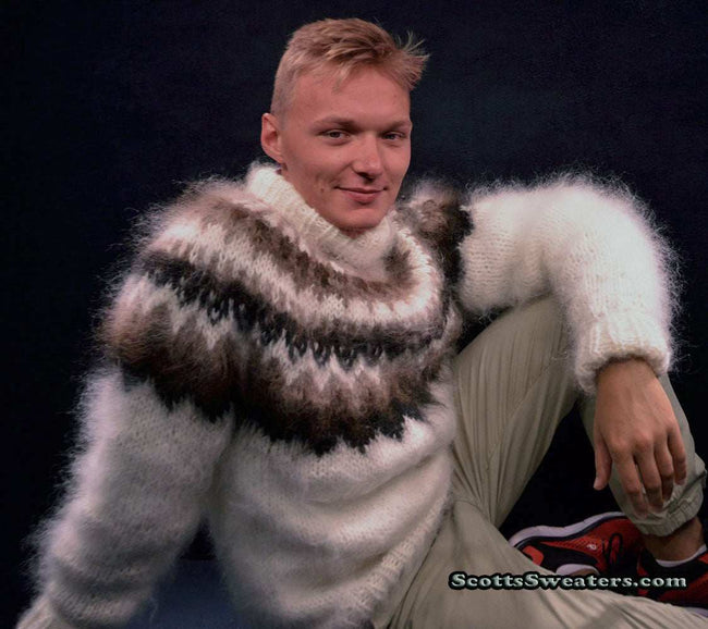 White men's handknit turtleneck mohair sweater with black, brown, and tan yoke design by Scott's Sweaters