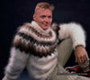 White men's handknit turtleneck mohair sweater with black, brown, and tan yoke design by Scott's Sweaters