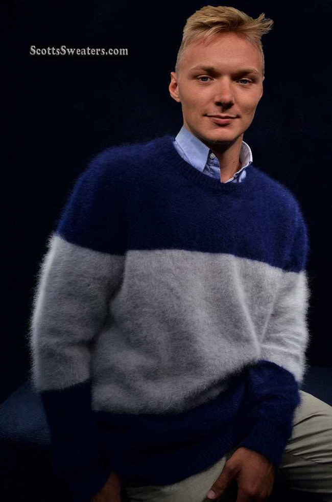 Men's striped angora crewneck sweater close-out sale by Scott's Sweaters