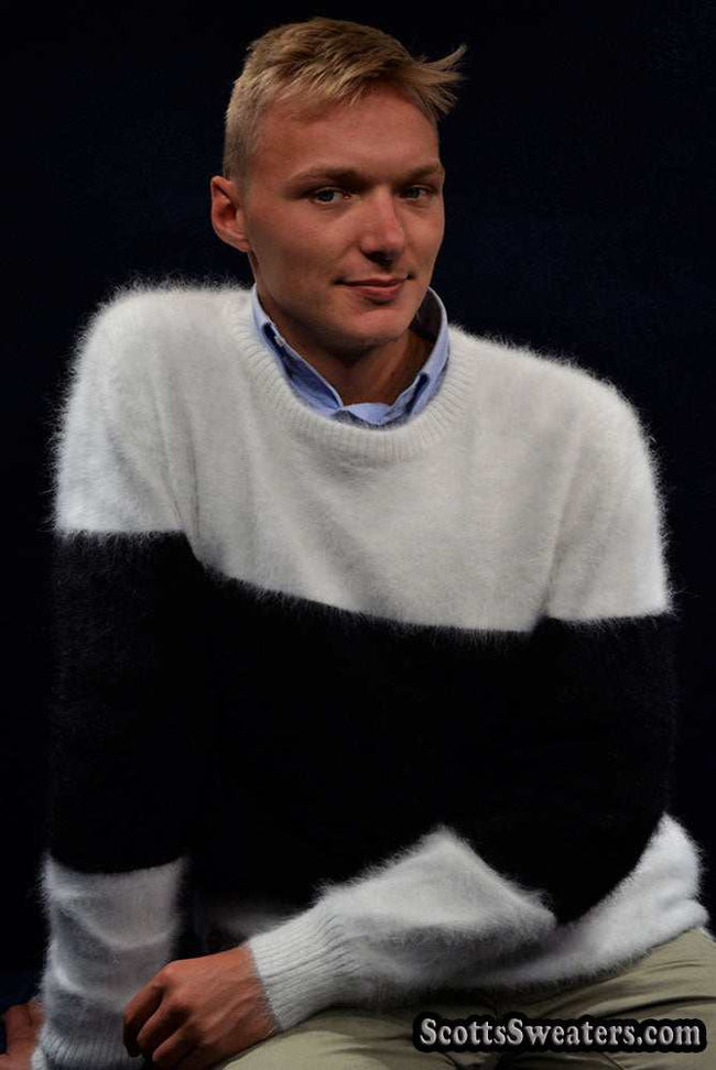 Men's striped angora crewneck sweater close-out sale by Scott's Sweaters, ultra-soft, limited stock
