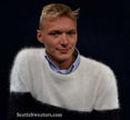 Men's striped angora crewneck sweater close-out sale by Scott's Sweaters