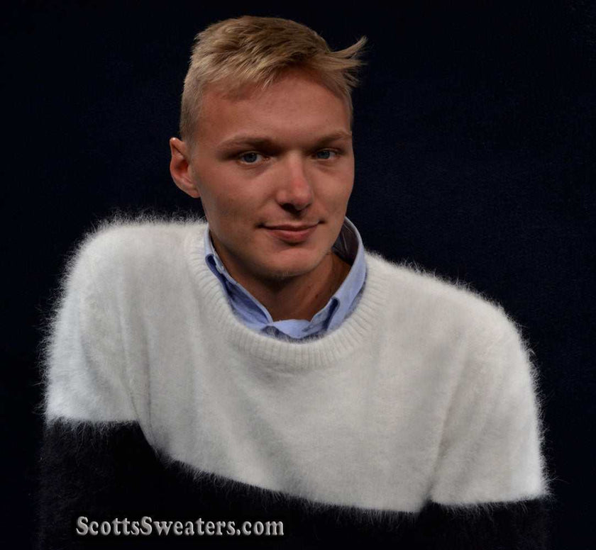 Men's striped angora crewneck sweater close-out sale by Scott's Sweaters, limited stock, ultra-soft and in-stock USA