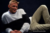 Men's striped angora crewneck sweater close-out sale by Scott's Sweaters