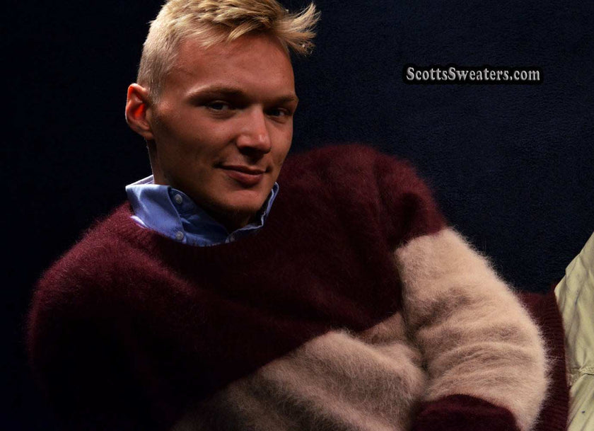 Men's striped angora crewneck sweater close-out sale by Scott's Sweaters