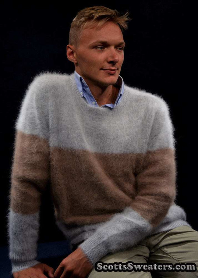 Men's ultra-soft striped angora crewneck sweater close-out sale by Scott's Sweaters