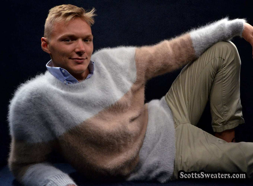 Men's striped angora crewneck sweater close-out sale by Scott's Sweaters, ultra-soft and limited stock