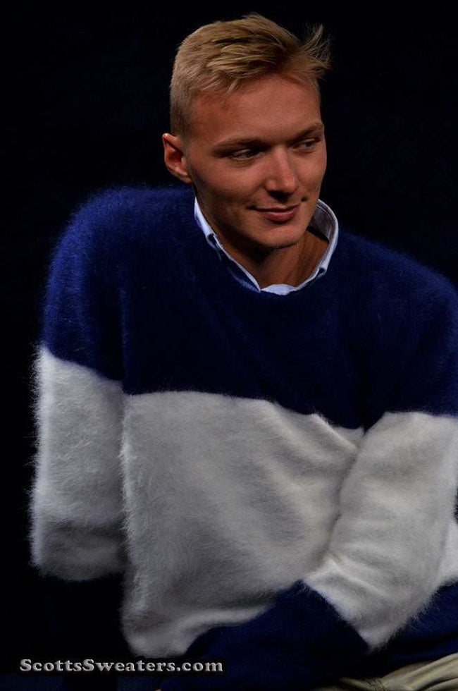 Men's striped angora crewneck sweater close-out sale by Scott's Sweaters