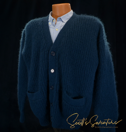 Men's teal-green rib-knit mohair cardigan sweater with button front and pockets by WilliWear-WilliSmith