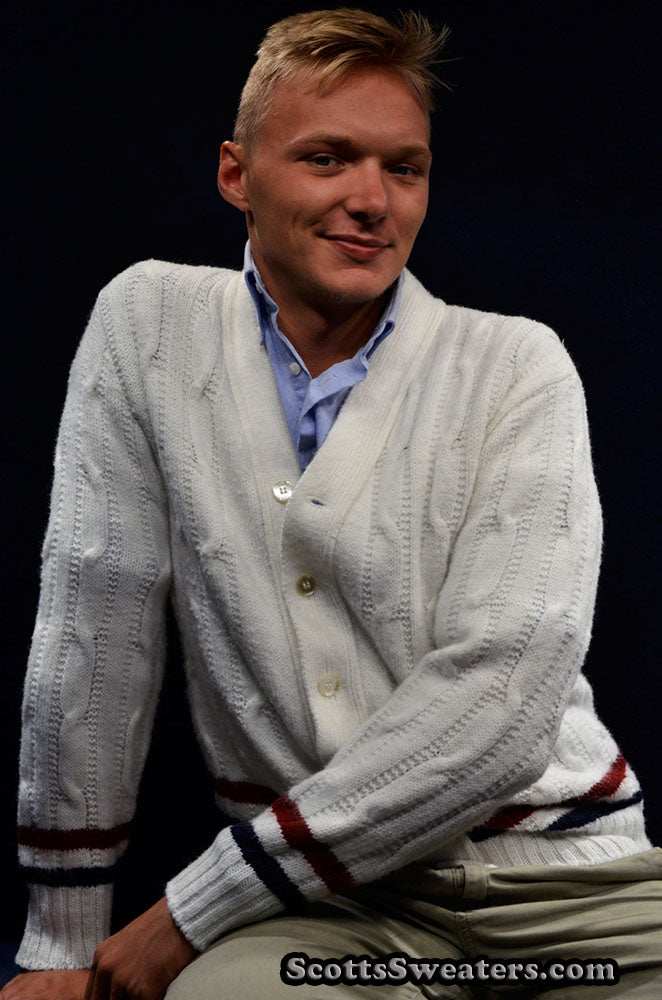 Men's retro cable-knit tennis sweater cardigan by Ken Rosewall in small-medium size