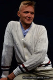 Men's retro cable-knit tennis sweater cardigan by Ken Rosewall in small-medium size