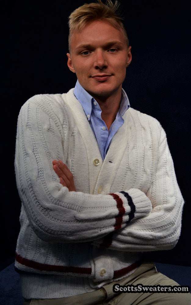 Men's retro cable-knit tennis sweater by Ken Rosewall, small-medium, 100% acrylic, pre-owned