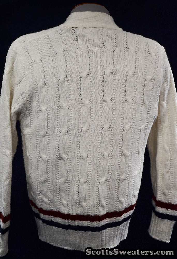 Men's retro cable-knit tennis sweater cardigan by Ken Rosewall Revere in size small-medium